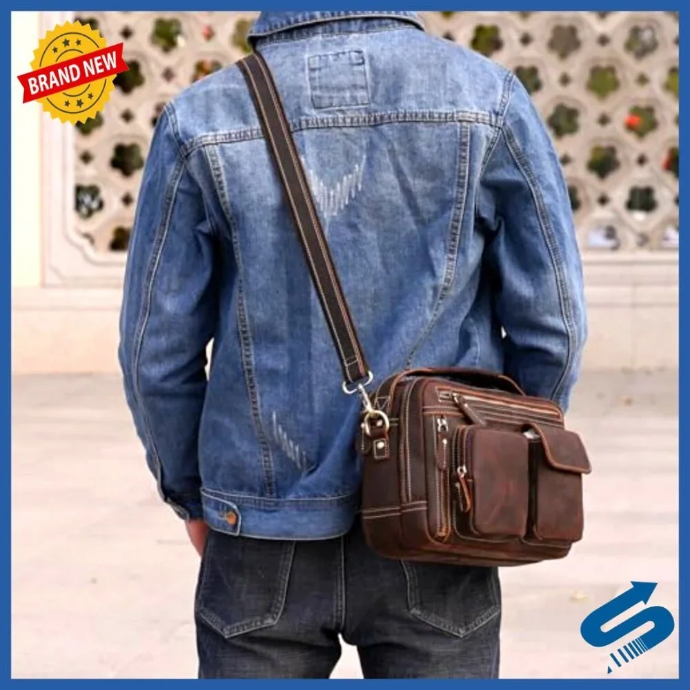 Vintage Leather Messenger Bag for Men, Laptop Crossbody Briefcase Shoulder Bag